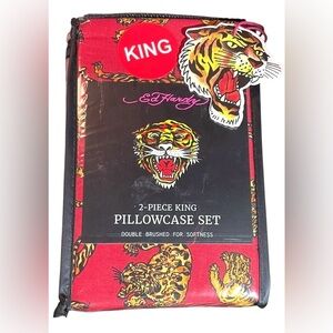 2 Ed Hardy Red Print Pillowcases KING Tigers Soft Durable Breathable NEW NIP